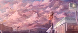 Rule 34 | 1girl, bag, brown hair, clothes lift, cloud, evening, food, highres, landscape, long hair, looking away, original, pink theme, popsicle, profile, sakimori (hououbds), shopping bag, skirt, skirt lift, sky, solo, twintails, wind