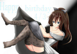 Rule 34 | 1girl, aqua eyes, artist name, artist request, back bow, bare shoulders, belt, black background, black dress, black gloves, black skirt, blue eyes, blush, bow, bow hairband, breasts, brooch, brown hair, brown pantyhose, buttons, choker, cleavage, collarbone, dated, diamond (gemstone), dress, drop earrings, earrings, evening gown, female focus, full body, gloves, grey belt, grey bow, grey skirt, hair between eyes, hair bow, hairband, half updo, high ponytail, highres, jewelry, knees up, lace, lace gloves, legs up, long hair, looking at viewer, love live!, love live! nijigasaki high school idol club, love live! school idol festival, miniskirt, multicolored clothes, multicolored dress, off-shoulder dress, off shoulder, osaka shizuku, pantyhose, parted lips, plaid, plaid dress, plaid skirt, pleated, pleated dress, pleated skirt, ponytail, skirt, sleeveless, sleeveless dress, small breasts, smile, solitude rain (love live!), solo, two-tone background, two-tone dress, white background, white bow, white choker, white dress, white skirt