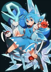 Rule 34 | &gt;:d, 1girl, :d, alternate color, blue eyes, blue hair, bow, cherish ball, cirno, clenched hand, commentary, creatures (company), crossover, full body, game freak, gen 2 pokemon, grin, hair bow, highres, ice, ice wings, legendary pokemon, looking at viewer, necktie, nintendo, open mouth, poke ball, poke ball (basic), poke ball symbol, pokemon, pokemon (creature), red eyes, shiny pokemon, short hair, smile, sofa (enogunomu), sparkle, suicune, touhou, v-shaped eyebrows, wings