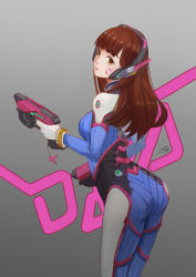 Rule 34 | 1girl, arched back, armor, artist name, ass, blunt bangs, bodysuit, bracer, breasts, brown eyes, brown hair, character name, charm (object), cicely, cowboy shot, d.va (overwatch), dual wielding, facepaint, facial mark, from behind, gloves, gradient background, gun, hand up, handgun, headphones, high collar, holding, holding gun, holding weapon, lips, long hair, looking at viewer, looking back, medium breasts, overwatch, overwatch 1, parted lips, pauldrons, pilot suit, pink lips, ribbed bodysuit, shoulder armor, shoulder pads, signature, smile, solo, thigh strap, turtleneck, weapon, whisker markings, white gloves