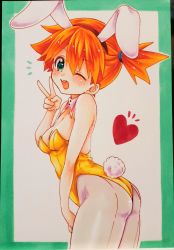 Rule 34 | 1girl, animal costume, animal ears, armpits, ass, asymmetrical hair, blush, bodysuit, breasts, cleavage, creatures (company), eye contact, fake animal ears, game freak, green eyes, hair between eyes, heart, highres, leotard, looking at another, looking at viewer, marysima0524, medium breasts, misty (pokemon), nintendo, one eye closed, open mouth, orange hair, playboy bunny, pokemon, pokemon (anime), pokemon (classic anime), ponytail, rabbit ears, shiny clothes, short hair, side ponytail, simple background, solo, thighs, v, wink, yellow leotard