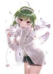 Rule 34 | 1girl, ahoge, backlighting, bad id, bad twitter id, blurry, camisole, cowboy shot, depth of field, earmuffs, green hair, hand on own face, hand on own neck, jacket, leaning forward, light smile, long sleeves, looking at viewer, open clothes, open jacket, pink eyes, plaid, plaid scarf, plaid skirt, pleated skirt, polka dot, polka dot shirt, scarf, shirt, simple background, skirt, sleeves past wrists, solo, sweater, tsukigami runa, water drop, white background, white jacket, white scarf, wind, wind lift