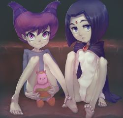 Rule 34 | 2girls, barefoot, breasts, conoghi, covered navel, dc comics, expressionless, feet, jinx (dc), leotard, multiple girls, pale skin, raven (dc), sitting, small breasts, smile, soles, stuffed toy, teen titans, toes