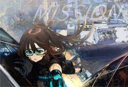 Rule 34 | 1girl, black bodysuit, bodysuit, brown hair, climbing, from above, funi mu9, gloves, goggles, hair spread out, highres, inoue takina, long hair, looking at viewer, lycoris recoil, mission: impossible, outdoors, parody, parted lips, ponytail, reflection, solo