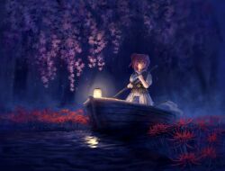 Rule 34 | 1girl, blue dress, boat, coin, commentary request, dress, flower, full body, hair bobbles, hair ornament, highres, lantern, looking at viewer, obi, onozuka komachi, outdoors, red eyes, red flower, red hair, sash, satellitedragon, short hair, solo, spider lily, touhou, two side up, watercraft