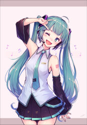Rule 34 | 1girl, armpits, blunt bangs, blush, breasts, gogatsu no renkyuu, green eyes, green hair, hatsune miku, highres, kneehighs, long hair, miniskirt, musical note, one eye closed, simple background, skirt, sleeveless, small breasts, smile, socks, twintails, vocaloid, white background