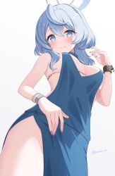 Rule 34 | 1girl, ako (blue archive), ako (dress) (blue archive), black hairband, blue archive, blue dress, blue eyes, blue hair, blue halo, blush, breasts, closed mouth, commentary request, cowboy shot, cuffs, dress, hair between eyes, hairband, halo, handcuffs, highres, kurumi lm, large breasts, long hair, official alternate costume, partial commentary, simple background, sleeveless, sleeveless dress, smile, solo, white background