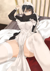 Rule 34 | 1girl, apron, bed, black dress, black eyes, black hair, breasts, clothes lift, commentary, cuffs, dress, dress lift, foreshortening, garter straps, glass, handcuffs, hat, highres, indoors, juliet sleeves, kei (throtem), large breasts, long hair, long sleeves, looking at viewer, lying, maid, maid cap, mob cap, on back, on bed, original, panties, panty peek, puffy sleeves, restrained, semi-rimless eyewear, solo, spread legs, stomach, symbol-only commentary, thighhighs, throtem, underwear, wavy mouth, white apron, white thighhighs