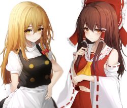 Rule 34 | 2girls, 7saki, ascot, bad id, bad pixiv id, blonde hair, blush, bow, braid, breasts, brown eyes, brown hair, closed mouth, collarbone, commentary, detached sleeves, frilled bow, frilled shirt collar, frills, hair between eyes, hair bow, hair tubes, hakurei reimu, hand on own hip, highres, holding, holding hair, kirisame marisa, long hair, long sleeves, looking at viewer, medium breasts, midriff, multiple girls, navel, no headwear, nontraditional miko, ponytail, puffy short sleeves, puffy sleeves, red bow, ribbon-trimmed sleeves, ribbon trim, sarashi, short sleeves, simple background, single braid, touhou, upper body, white background, yellow ascot