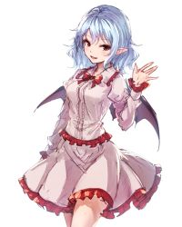 Rule 34 | 1girl, bat wings, blue hair, blush, bow, bowtie, breasts, commentary, cowboy shot, dress, fang, frilled dress, frilled shirt collar, frills, hand up, juliet sleeves, junior27016, long sleeves, looking at viewer, medium breasts, no headwear, open mouth, pink dress, pointy ears, puffy sleeves, red bow, red bowtie, red eyes, remilia scarlet, short hair, simple background, smile, solo, standing, thighs, touhou, white background, wings