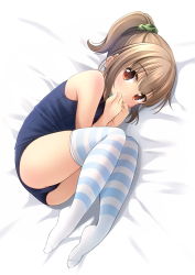 Rule 34 | 1girl, ass, bare arms, bare shoulders, bed sheet, blue one-piece swimsuit, blush, brown eyes, brown hair, commentary request, covered mouth, full body, green scrunchie, hair ornament, hair scrunchie, hands up, highres, lying, no shoes, old school swimsuit, on side, one-piece swimsuit, original, ponytail, school swimsuit, scrunchie, shibacha, sidelocks, solo, striped clothes, striped thighhighs, swimsuit, thighhighs, thighs