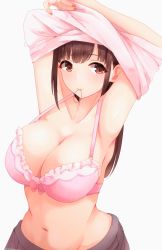 Rule 34 | 1girl, armpits, arms up, bare shoulders, blush, bra, breasts, brown hair, brown skirt, cleavage, closed mouth, collarbone, double bun, groin, hair bun, hair tie in mouth, highres, idolmaster, idolmaster shiny colors, large breasts, long hair, looking to the side, mouth hold, navel, pink bra, pink shirt, pleated skirt, red eyes, ryuu., shirt, short twintails, simple background, skirt, solo, sonoda chiyoko, twintails, underwear, undressing, upper body, white background