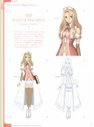 Rule 34 | 10s, 1girl, bare shoulders, blonde hair, book, breasts, brooch, cleavage, cloud, concept art, earrings, frills, highres, jewelry, long hair, long legs, looking at viewer, multiple views, ponytail, praying, rufina (shining hearts), shining (series), shining hearts, thighhighs, tony taka, white background, zettai ryouiki