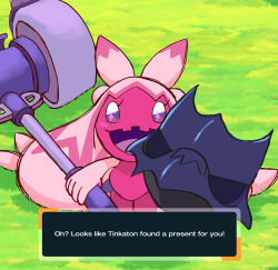 Rule 34 | 1girl, 2others, colored skin, corpse, corviknight, creatures (company), death, english text, eyelashes, game freak, gen 8 pokemon, gift, grass, hammer, happy, highres, holding, holding hammer, holding weapon, light blush, looking at viewer, lun4dune, multiple others, nintendo, pink skin, pokemon, pokemon (creature), severed head, smile, sparkling eyes, tinkaton, weapon