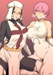 Rule 34 | 2girls, absurdres, arrow (en&#039;en no shouboutai), asymmetrical docking, bare shoulders, black bodysuit, black hair, blue eyes, blush, bodysuit, breast press, breasts, breath, collarbone, commentary request, commission, covered collarbone, detached sleeves, dress, dyun, en&#039;en no shouboutai, gradient background, highres, holding person, kasugatani inca, large breasts, looking to the side, multiple girls, omega symbol, open mouth, pelvic curtain, pink eyes, pink hair, pixiv commission, robe, short hair, signature, smile, sweat, symbol-shaped pupils, teeth, white dress, white headwear, white robe
