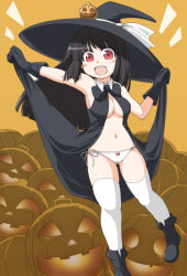 Rule 34 | 1girl, breasts, cleavage, gloves, hat, naitou kouse, navel, panties, side-tie panties, solo, thighhighs, underwear, white thighhighs, witch hat