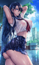 1girl armpits ass black_hair blue_eyes blush breasts covered_erect_nipples crop_top day hair_between_eyes hair_ornament hairclip highres large_breasts long_hair looking_at_viewer midriff neckerchief nipples no_bra original panties parted_lips pleated_skirt rain red_neckerchief sadakage sailor_collar school_uniform see-through_clothes serafuku short_sleeves skirt smile solo underwear wet wet_clothes white_panties