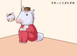 Rule 34 | 1girl, animal head, blush stickers, bow, brown hat, chibi, chibi inset, closed mouth, ear bow, ear covers, gold ship (racehorse), gold ship (umamusume), gomashio (goma feet), hat, horse tail, jacket, knees up, mini hat, on floor, pants, purple bow, red jacket, red pants, sitting, smile, solo, tail, track jacket, track pants, track suit, translation request, umamusume