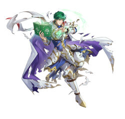 Rule 34 | 1boy, armor, blue cape, book, cape, ced (ascendant) (fire emblem), ced (fire emblem), damaged, fire emblem, fire emblem: genealogy of the holy war, fire emblem: thracia 776, fire emblem heroes, full body, green eyes, green hair, holding, holding book, male focus, matching hair/eyes, nintendo, official art, one eye closed, short hair, shoulder armor, solo, torn cape, torn clothes, v-shaped eyebrows, white background, white cape, wince