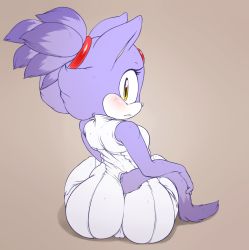 Rule 34 | 1girl, argento, ass, bare shoulders, blaze the cat, blush, bodysuit, breasts, embarrassed, female focus, forehead jewel, from behind, furry, furry female, highres, huge ass, looking at viewer, looking back, orange eyes, ponytail, purple hair, sega, sideboob, skin tight, small breasts, solo, sonic (series), tail