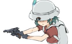 Rule 34 | 1girl, backpack, bag, black eyes, black gloves, black hair, commentary, cylinder, cylinder (weapon), gas-seal revolver, gloves, gun, hair between eyes, handgun, hat feather, helmet, holding, holding gun, holding weapon, kaban (kemono friends), kemono friends, light frown, looking at viewer, monolith (suibou souko), nagant m1895, parted lips, pith helmet, red shirt, revolver, shirt, short hair, simple background, solo, standing, upper body, wavy hair, weapon, white background