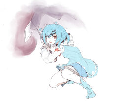Rule 34 | 1girl, absurdres, adapted costume, ayang, blue eyes, blue footwear, blue hair, blue skirt, blue vest, commentary, frilled skirt, frills, full body, hair ornament, heterochromia, highres, long sleeves, looking at viewer, messy hair, open mouth, red eyes, short hair, simple background, skirt, solo, tatara kogasa, touhou, vest, white background, x hair ornament