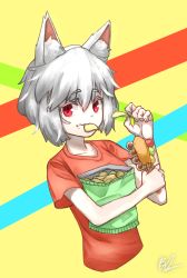 Rule 34 | 1641 (chfhrtor94), 1girl, animal ear fluff, animal ears, bocchan dango, casual, chips (food), commentary request, cropped torso, dango, eating, food, food in mouth, food on face, grey hair, hand up, highres, holding, holding food, inubashiri momiji, korean commentary, looking at viewer, potato chips, raised eyebrows, red eyes, red shirt, shirt, short hair, signature, skewer, striped, striped background, t-shirt, touhou, upper body, wagashi, wolf ears, yellow background