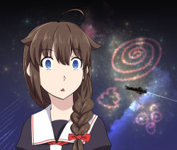 Rule 34 | 1girl, ahoge, blue eyes, bow, braid, bright pupils, brown hair, empty eyes, hair bow, hair flaps, hair over shoulder, ishii hisao, kantai collection, looking at viewer, meme, parted lips, puffy sleeves, red bow, sailor collar, shigure (kancolle), single braid, solo, space, space cat (meme), spacecraft, star (symbol), triangle mouth, upper body, white sailor collar