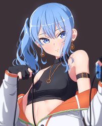 Rule 34 | 1girl, arm strap, bare shoulders, black gloves, blue eyes, blue hair, breasts, brown background, closed mouth, crop top, earrings, gloves, highres, holding, hololive, hoshimachi suisei, jacket, jewelry, loeldrive, necklace, off shoulder, partially fingerless gloves, side ponytail, sidelocks, simple background, small breasts, solo, star (symbol), star in eye, symbol in eye, upper body, virtual youtuber, wavy hair, white jacket, wire, zipper