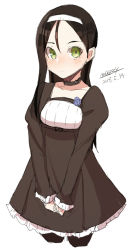 Rule 34 | 1girl, black choker, black hair, black pantyhose, blue flower, blue rose, blush, breasts, brown dress, choker, closed mouth, collarbone, cowboy shot, cropped legs, dated, dress, flower, green eyes, hair between eyes, juliet sleeves, long hair, long sleeves, looking at viewer, maze (gochama ze gohan), original, pantyhose, parted bangs, puffy sleeves, rose, signature, simple background, sketch, small breasts, solo, very long hair, white background