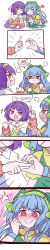 Rule 34 | :t, absurdres, anger vein, apron, arm strap, blue hair, blush, cape, chibi, clenched hand, cloak, comic, crying, crying with eyes open, dress, embarrassed, english text, green apron, haniyasushin keiki, heart, heart-shaped pupils, heart hands, heart hands failure, highres, long hair, long image, multicolored clothes, multicolored dress, niconicolas, nose blush, pout, puffy sleeves, purple eyes, purple hair, red eyes, short hair, sparkle, speech bubble, sweatdrop, symbol-shaped pupils, tall image, tears, tenkyuu chimata, touhou, white cape, white cloak, yellow dress