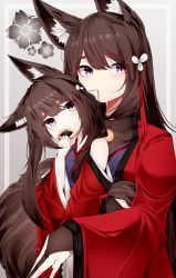 Rule 34 | 2girls, absurdres, amagi-chan (azur lane), amagi (azur lane), animal ears, azur lane, black gloves, blunt bangs, brown hair, commentary, dated commentary, eating, eating hair, eyeshadow, fingerless gloves, food, fox ears, fox girl, fox tail, gloves, hair ornament, head tilt, highres, holding, holding food, hug, hug from behind, japanese clothes, kimono, kitsune, kyuubi, long hair, looking at viewer, makeup, multiple girls, multiple tails, name connection, off shoulder, purple eyes, sakura empire (emblem), samip, senbei, sidelocks, simple background, symbol-only commentary, tail, thick eyebrows, twintails, two-tone background, wide sleeves