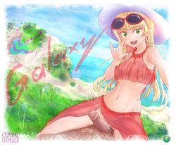 Rule 34 | 1boy, 1girl, artist name, blonde hair, blunt bangs, blush, breasts, cerealxs, cleft of venus, collarbone, cowgirl position, cum, cumdrip, english text, erection, feet out of frame, grass, green eyes, hat, heanna sumire, hetero, highres, long hair, looking at viewer, love live!, love live! superstar!!, m/, navel, nipples, open mouth, outdoors, penis, pussy, see-through, selfie, sidelocks, small breasts, smile, solo focus, spread legs, straddling, sun hat, sunglasses, sunglasses on head, teeth, thighs, uncensored, upper teeth only, white headwear