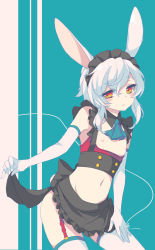 Rule 34 | 1boy, androgynous, animal ears, apron, elbow gloves, gloves, highres, kyoma (yellowxcake), male focus, original, rabbit ears, rabbit tail, red eyes, solo, tail, thighhighs, trap, waist apron, white hair, white thighhighs