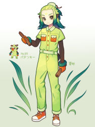 Rule 34 | 1boy, animal ears, aona (noraneko), brown eyes, character name, creatures (company), forehead, frown, game freak, gen 8 pokemon, gloves, green hair, hair ornament, hair pulled back, half updo, holding, holding stick, humanization, jumpsuit, layered sleeves, long hair, looking to the side, male focus, monkey ears, monkey tail, multicolored hair, nintendo, pokedex number, pokemon, shoes, short sleeves, signature, sneakers, stick, tail, thwackey, two-tone hair, v-shaped eyebrows, wristband