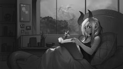 Rule 34 | 1girl, aiko (less), bare arms, bare shoulders, bed, bed frame, bed sheet, black sclera, book, breasts, camisole, cleavage, colored sclera, commentary request, dark, demon girl, earrings, from side, greyscale, highres, holding, holding book, holding pen, horns, indoors, jewelry, large breasts, less, monochrome, monster, open book, original, pen, pointy ears, sitting, slit pupils, smile, solo, under covers