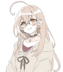 Rule 34 | 1girl, absurdres, ahoge, berry, black choker, blush, brown eyes, brown hair, brown hoodie, choker, crossed bangs, earrings, food-themed earrings, glasses, highres, hololive, hololive english, hood, hoodie, jewelry, long hair, looking at viewer, mayoineko, multicolored hair, nanashi mumei, nanashi mumei (casual), necklace, official alternate costume, oversized clothes, red shirt, round eyewear, shirt, sketch, smile, streaked hair, sweater, virtual youtuber, white sweater