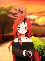 Rule 34 | @ @, absurdres, alternate costume, alternate hairstyle, black shirt, blue archive, braid, dragon girl, hair down, halo, highres, outdoors, red eyes, red hair, renge (blue archive), shirt, single braid, solo, spaghetti strap, tail, user mnaw5858