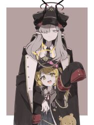 Rule 34 | 2girls, arm up, armband, black coat, black headwear, black necktie, blonde hair, blue archive, blue dress, blue eyes, blush, closed mouth, coat, collared shirt, dress, frown, grey hair, hair over one eye, halo, hat, highres, horns, ibuki (blue archive), long hair, looking at viewer, makoto (blue archive), multiple girls, neck ribbon, necktie, open mouth, peaked cap, pointy ears, ribbon, shared clothes, shared coat, shirt, sidelocks, simple background, sleeves past fingers, sleeves past wrists, standing, stuffed animal, stuffed toy, teddy bear, uni gyoza, upper body, white shirt, yellow eyes