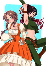 Rule 34 | 2girls, absurdres, adapted costume, aerith gainsborough, aerith gainsborough (garnet&#039;s gown), armpits, arms up, belt, black hair, braid, braided ponytail, brown hair, cosplay, crop top, dreadlocks, dress, final fantasy, final fantasy ix, final fantasy vii, final fantasy vii ever crisis, garnet til alexandros xvii, garnet til alexandros xvii (cosplay), highres, jewelry, looking at viewer, multicolored hair, multiple girls, necklace, official alternate costume, open mouth, red hair, salamander coral, salamander coral (cosplay), shikiwo, sleeveless, smile, tifa lockhart, tifa lockhart (amarant&#039;s guise), two-tone hair