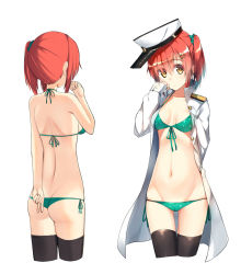 Rule 34 | 10s, 1girl, ass, bikini, blazer, breasts, brown eyes, butt crack, cameltoe, female admiral (kancolle), gin00, hat, highres, jacket, kantai collection, midriff, multiple views, navel, peaked cap, red hair, smile, swimsuit