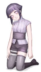 Rule 34 | 1girl, aged down, alternate costume, blush, boots, hyuuga hinata, kneeling, kumoko (supermoichan), looking at viewer, naruto: the last, naruto (series), purple eyes, purple hair, short hair, short shorts, shorts, simple background, sleeveless, solo, thigh boots, thighhighs, time paradox