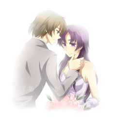 Rule 34 | 17yeah, 1boy, 1girl, absurdres, bare shoulders, bloom, bouquet, brown eyes, brown hair, couple, dress, elbow gloves, eye contact, flower, formal, gloves, hand on another&#039;s face, highres, long hair, looking at another, married, mirai nikki, nishijima masumi, pink flower, pink rose, purple eyes, purple hair, rose, short hair, simple background, smile, strapless, strapless dress, suit, uryuu minene, veil, wedding dress, white background