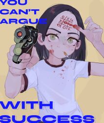 Rule 34 | 1girl, absurdres, aiming, aiming at viewer, black hair, blood, blood on clothes, blood on face, cheating (competitive), cigarette, commentary, english text, forehead, forehead writing, green eyes, gym shirt, highres, looking at viewer, medium hair, original, polilla, shirt, short sleeves, smoking, solo, symbol-only commentary, tic-tac-toe, white shirt, yellow background