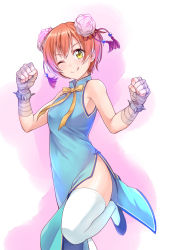 Rule 34 | 10s, 1girl, :q, armpits, bandaged hand, bare shoulders, bracelet, china dress, chinese clothes, dress, flower, hair flower, hair ornament, highres, hoshizora rin, jewelry, kanabun, looking at viewer, love live!, love live! school idol festival, love live! school idol project, one eye closed, orange hair, rose, short hair, solo, spiked bracelet, spikes, thighhighs, thighs, tongue, tongue out, yellow eyes