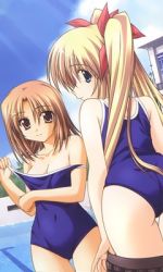 Rule 34 | 2girls, blonde hair, brown eyes, brown hair, clothes pull, day, dutch angle, green eyes, katakoi no tsuki, long hair, looking back, lowres, multiple girls, non-web source, one-piece swimsuit, one-piece swimsuit pull, outdoors, ponytail, pool, poolside, pulled by self, school, school swimsuit, short hair, siblings, sisters, swimsuit, twintails, undressing, us@myo, yashima anna, yashima kyouko