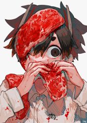 Rule 34 | 1boy, blood, blood in hair, blood on clothes, blood on face, blood on hands, blouse, brown eyes, brown hair, collared shirt, eating, food, food on body, food on head, food on shoulders, hair between eyes, highres, holding, holding food, horns, long sleeves, looking to the side, male focus, meat, object on head, one eye closed, original, shinagire (sinanohaka), shirt, short eyebrows, short hair, signature, solo, upper body, white background, white shirt