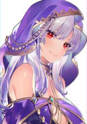 Rule 34 | 1girl, akizone, bare shoulders, blue hair, breasts, dress, from side, highres, hood, hood up, large breasts, looking at viewer, mole, mole under eye, original, purple dress, purple hood, red eyes, silver hair, simple background, smile, solo, white background