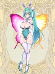 Rule 34 | 1girl, ;), animal ears, asymmetrical wings, bare shoulders, bow, bowtie, breasts, butterfly wings, cleavage, closed mouth, cocytus (wind master), collarbone, covered erect nipples, covered navel, cross-laced clothes, dairoku ryouhei, detached collar, fake animal ears, gloves, glowing, glowing wings, gluteal fold, green eyes, green hair, green leotard, hair between eyes, hair bow, hair ornament, hands on own chest, high heels, highleg, highleg leotard, insect wings, knee up, large breasts, leotard, long hair, no panties, one eye closed, playboy bunny, ponytail, rabbit tail, roots, smile, solo, standing, standing on one leg, stiletto heels, strapless, strapless leotard, tail, thigh gap, thighhighs, tree, white bow, white gloves, wings, yellow background