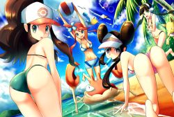 Rule 34 | 4girls, :d, :o, arms up, ass, back, bad id, bad pixiv id, ball, barefoot, baseball cap, beach, beachball, bent over, bikini, bikini shorts, black hair, blue bikini, blue eyes, blue shorts, blue sky, breasts, brown hair, cloud, commentary request, covering breasts, covering privates, cowboy shot, creatures (company), curly hair, day, double bun, elesa (pokemon), flying, food, food in mouth, full body, game freak, gen 1 pokemon, gen 3 pokemon, green bikini, groin, gym leader, hair between eyes, hair bun, hair ornament, hat, headphones, high ponytail, hilda (pokemon), holding, holding ball, horizon, huge ass, hypno, island, krabby, large breasts, lens flare, long hair, looking at viewer, midriff, multiple girls, navel, nintendo, ocean, open mouth, outdoors, palm tree, pelipper, pink bikini, poke ball print, pokemon, pokemon (creature), pokemon bw, pokemon bw2, popsicle, red hair, rosa (pokemon), rowdon, sand, shorts, sidelocks, sky, skyla (pokemon), small breasts, smile, standing, standing on one leg, sunlight, swimsuit, teeth, tree, twintails, upper teeth only, very long hair, visor cap, white headwear, wingull, yellow bikini